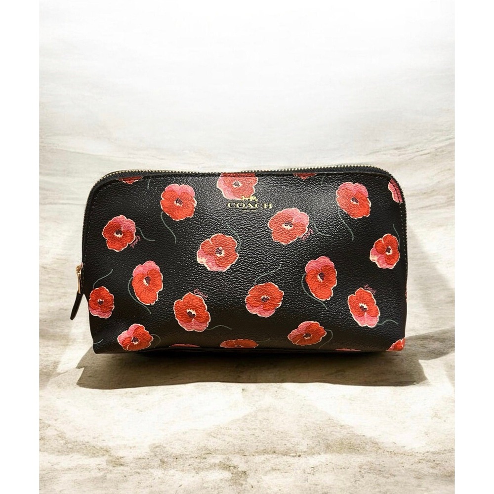 Coach Poppy Floral Print Small Cosmetic or Pouch Case Black Red Bag Unused